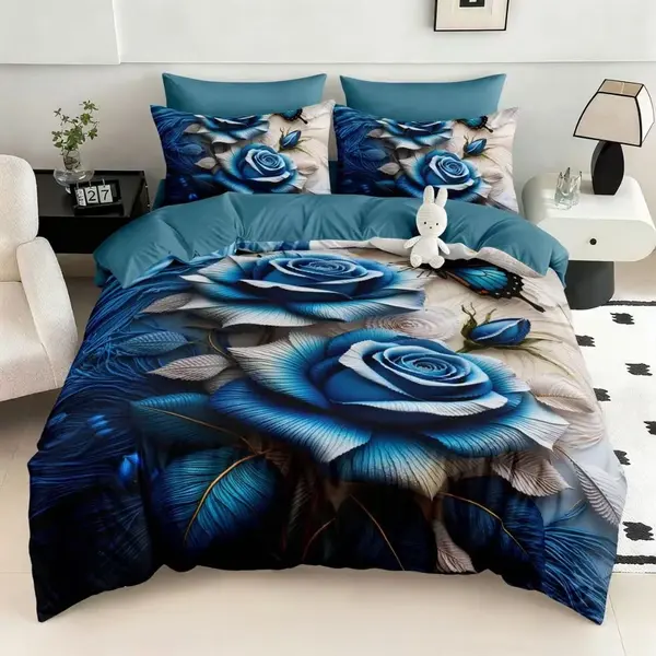 Lenjerie pat dublu, FINET, Imprimeu Digital 5D - Identic cu poza, Cu ELASTIC, 6 piese, Pucioasa, Albastru, trandafiri