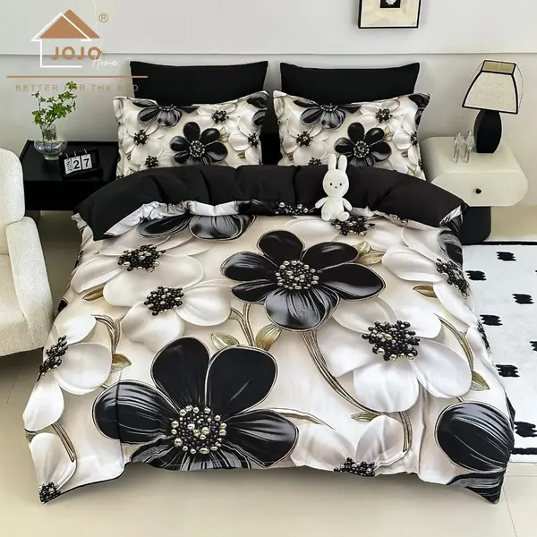 Lenjerie pat dublu, FINET, Imprimeu Digital 5D - Identic cu poza, Cu ELASTIC, 6 piese, Jojo Home, Alb, Negru, Flori