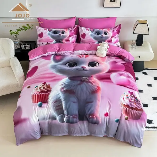 Lenjerie pat dublu, FINET, Imprimeu Digital 5D - Identic cu poza, Cu ELASTIC, 6 piese, Jojo Home, Roz, Pisicuta
