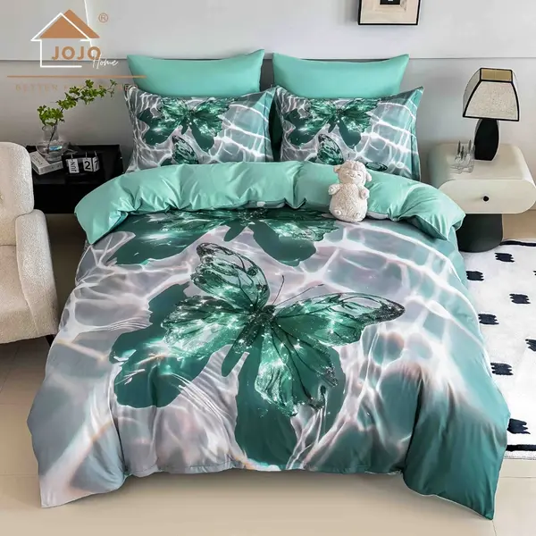 Lenjerie pat dublu, FINET, Imprimeu Digital 5D - Identic cu poza, Cu ELASTIC, 6 piese, Jojo Home, Gri, Turquoise, Fluturi