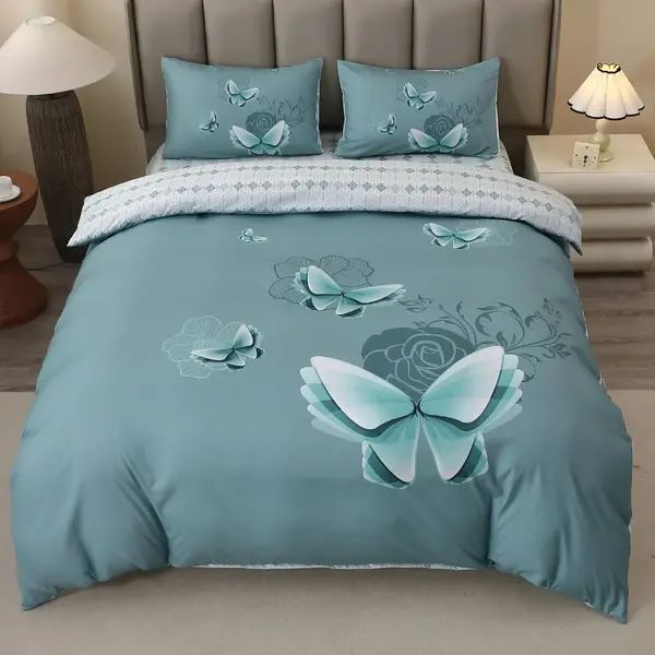 Lenjerie pat dublu, FINET, Imprimeu Digital 5D - Identic cu poza, Cu ELASTIC, 4 piese, Aqua, Fluturi