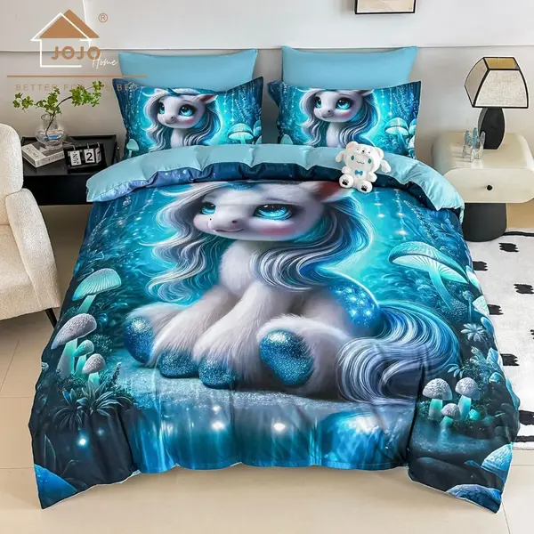 Lenjerie pat dublu, FINET, Imprimeu Digital 5D - Identic cu poza, Cu ELASTIC, 6 piese, Jojo Home, Bleu, Unicorn