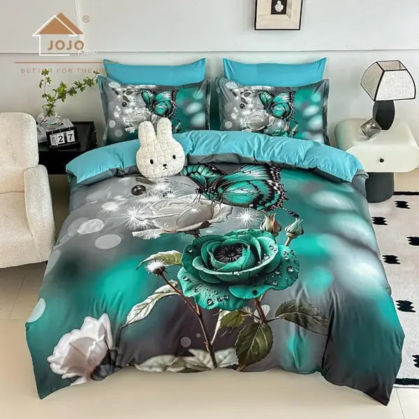 Lenjerie pat dublu, FINET, Imprimeu Digital 5D - Identic cu poza, Cu ELASTIC, 6 piese, Jojo Home, Turquoise, Trandafiri