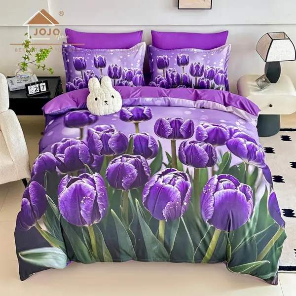 Lenjerie pat dublu, FINET, Imprimeu Digital 5D - Identic cu poza, Cu ELASTIC, 6 piese, Jojo Home, Mov, Lalele
