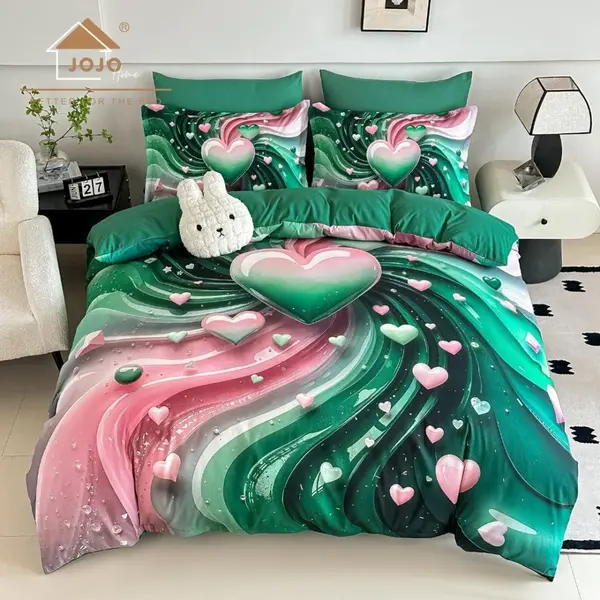 Lenjerie pat dublu, FINET, Imprimeu Digital 5D - Identic cu poza, Cu ELASTIC, 6 piese, Jojo Home, Verde, Roz, Inimioare
