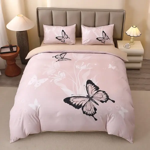 Lenjerie pat dublu, FINET, Imprimeu Digital 5D - Identic cu poza, Cu ELASTIC, 4 piese, Crem, Fluturi