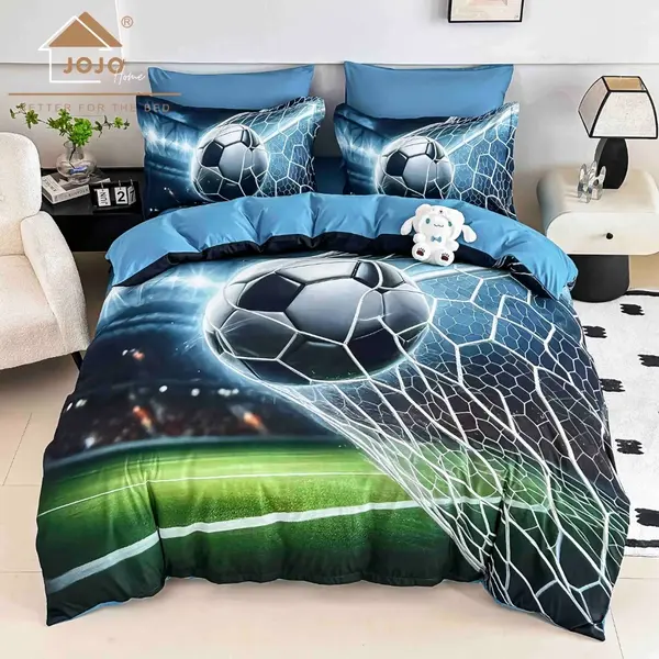 Lenjerie pat dublu, FINET, Imprimeu Digital 5D - Identic cu poza, Cu ELASTIC, 6 piese, Jojo Home, Albastru, Verde, Minge de Fotbal