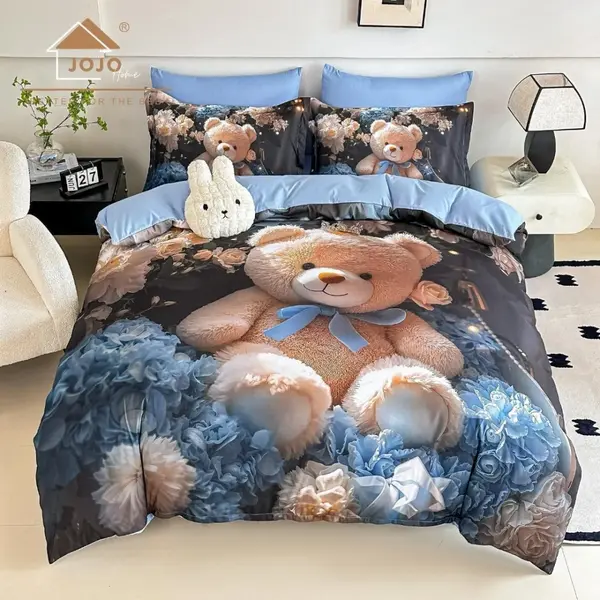 Lenjerie pat dublu, FINET, Imprimeu Digital 5D - Identic cu poza, Cu ELASTIC, 6 piese, Jojo Home, Albastru, Ursulet