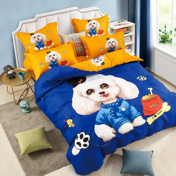 Lenjerie pat dublu, FINET, Imprimeu Digital - Identic cu poza, 6 piese, Jojo Home, Galben-Multicolor, catel