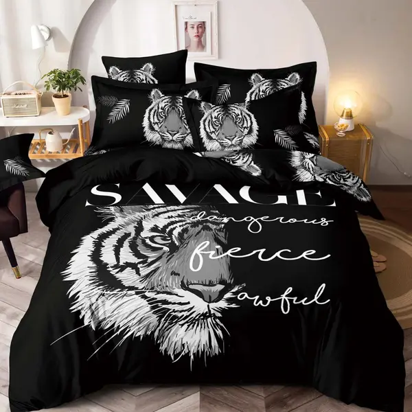 Lenjerie pat dublu, FINET, Imprimeu Digital - Identic cu poza, 6 piese, Jojo Home, Negru-Gri, tigru