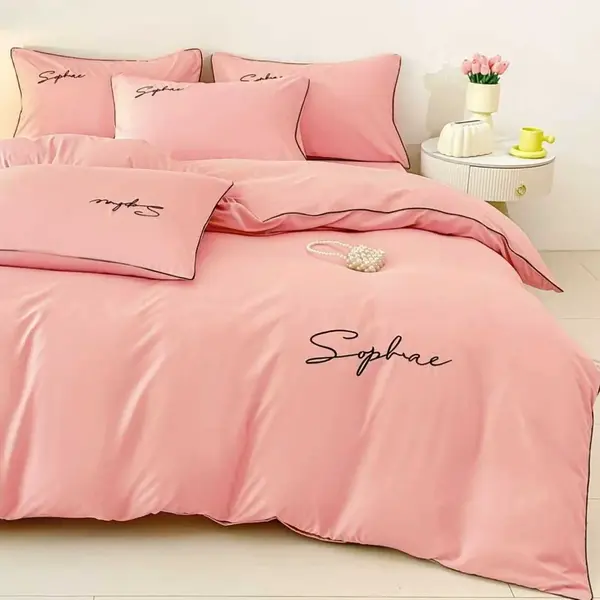Lenjerie pat dublu, Finet Soft Touch cu Broderie, 6 piese, Roz