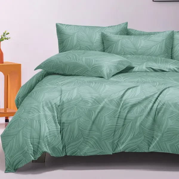 Lenjerie pat dublu, Finet tip Damasc cu Frunze, 6 piese, Verde