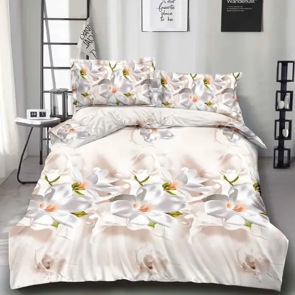 Lenjerie pat dublu imprimeu 3D - 3 Bucati 219 Lei - Crem magnolii