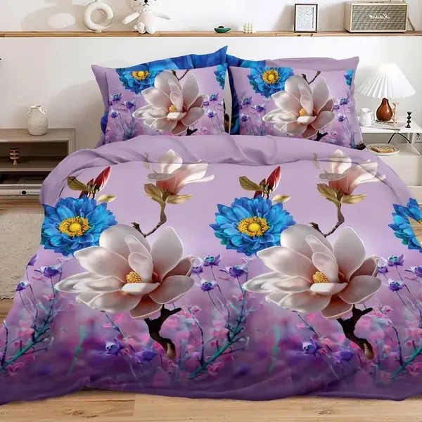 Lenjerie pat dublu imprimeu 3D - 3 Bucati 219 Lei - Lila flori
