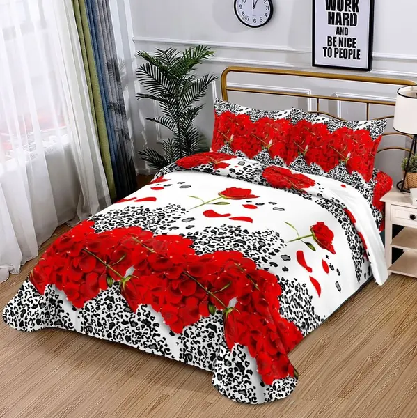 Lenjerie pat dublu imprimeu 3D - 3 Bucati 219 Lei - Rosu-Negru animal print trandafiri