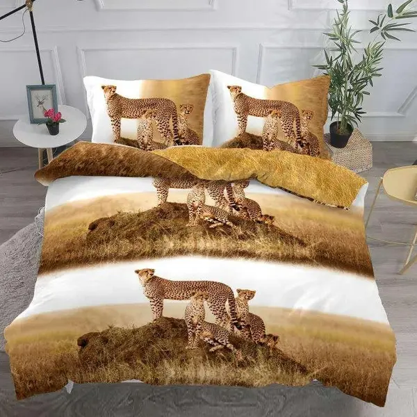 Lenjerie pat dublu imprimeu 3D Digital - 3 Bucati 219 Lei - Maro leoparzi