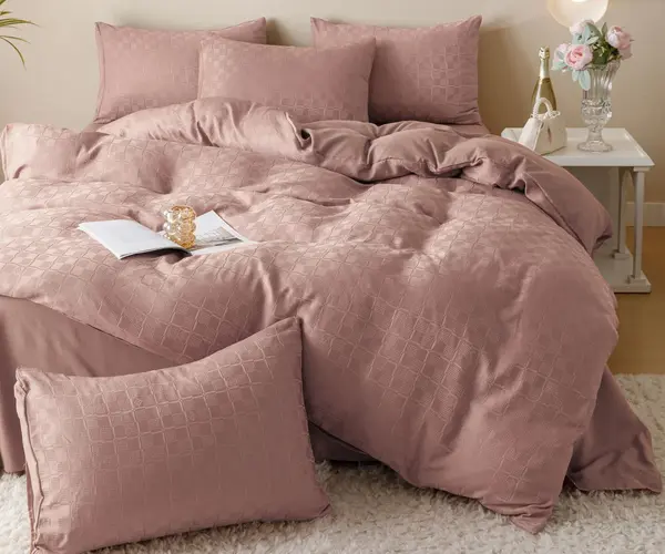 Lenjerie pat dublu, JACQUARD FINETAT, 6 piese, Jojo Home, Roz Pudra