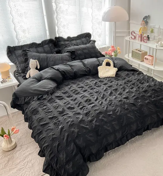 Lenjerie pat dublu, Soft Touch CREPONAT DELUXE, 6 piese, Jojo Home, Negru