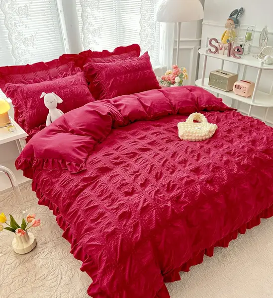 Lenjerie pat dublu, Soft Touch CREPONAT DELUXE, 6 piese, Jojo Home, Rosu