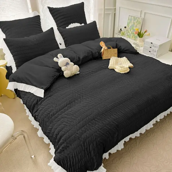 Lenjerie pat dublu, Soft Touch CREPONAT DELUXE, 6 piese, Jojo Home, Negru