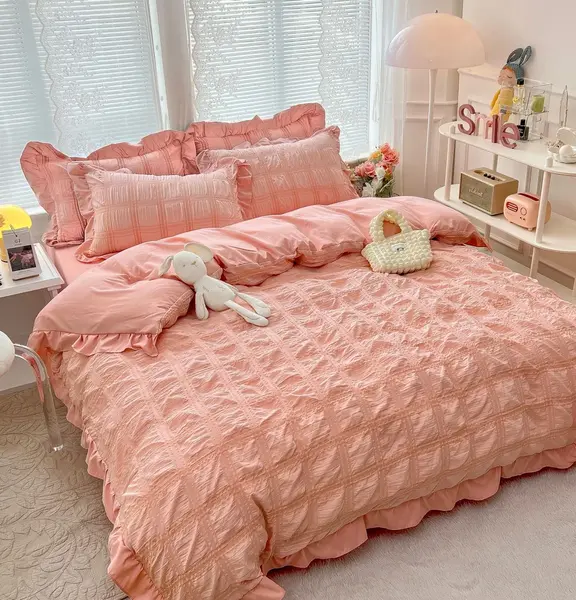 Lenjerie pat dublu, Soft Touch CREPONAT DELUXE, 6 piese, Jojo Home, Roz Pudra