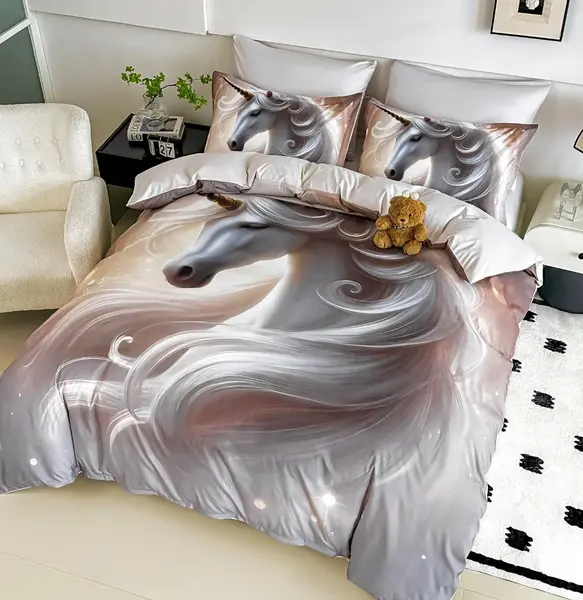 Lenjerie pat single, FINET, Imprimeu Digital - Identic cu poza, 4 piese, cu ELASTIC, Jojo Home, Gri, Alb, Unicorn