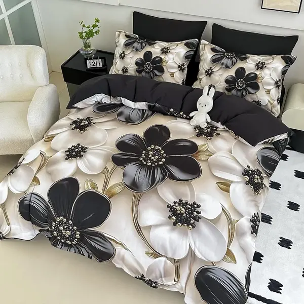 Lenjerie pat single, FINET, Imprimeu Digital - Identic cu poza, 4 piese, cu ELASTIC, Jojo Home, Alb, Negru, Flori