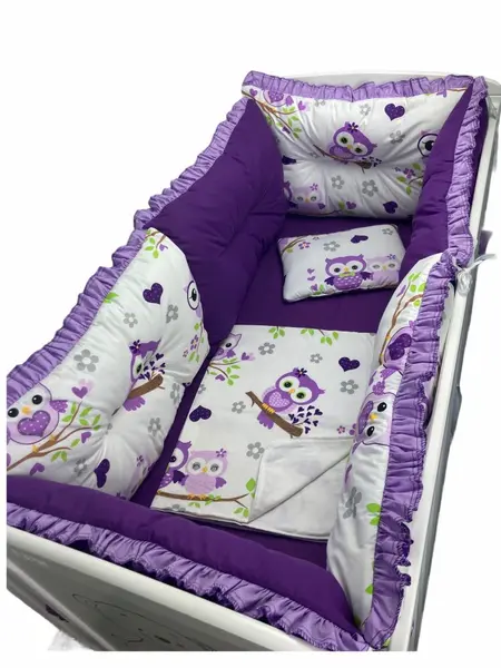 Lenjerie patut 120x60 cm cu 6 aparatori pufoase, cearsaf si paturica Bufnite violet