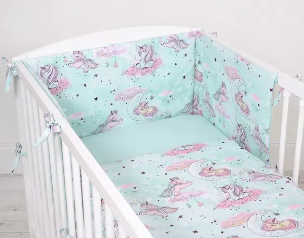 Lenjerie patut 3 piese cu protectie laterala Unicorn Mint