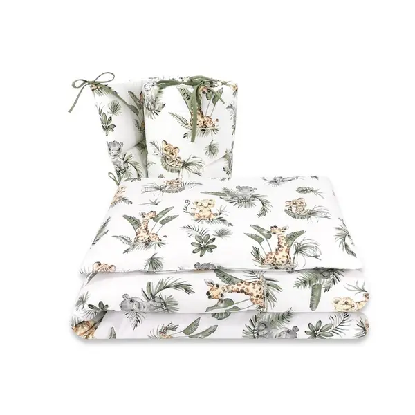 Lenjerie patut 3 piese, Qmini, Pentru patut 120x60 cm, Cu protectie laterala, Din bumbac certificat Oeko Tex Standard 100, Safari