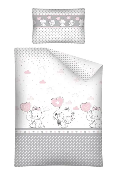 Lenjerie patut cu 3 piese 120x60 cm Elefant cu balon inima roz