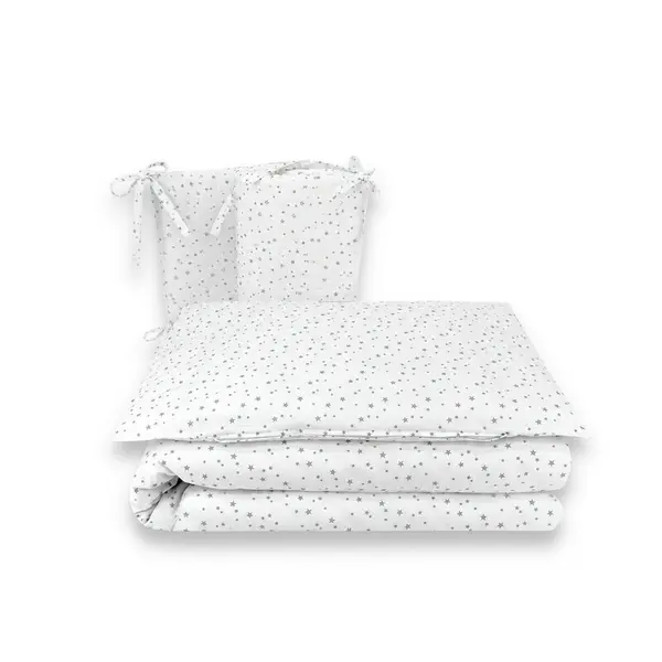 Lenjerie patut cu 3 piese, MimiNu, Pentru patut 120x60 cm, Cu protectie laterala, Din bumbac certificat Oeko Tex Standard 100, Mini Gray Stars