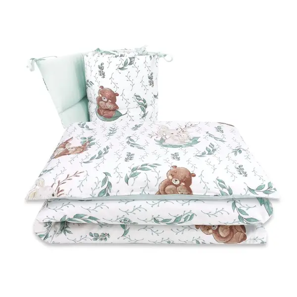 Lenjerie patut cu 3 piese, MimiNu, Pentru patut 120x60 cm, Cu protectie laterala, Din bumbac certificat Oeko Tex Standard 100, Lulu natural