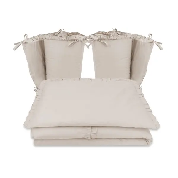 Lenjerie patut cu 4 piese, MimiNu, Pentru patut 120x60 cm, Cu doua protectii laterale, Cu volanase, Din bumbac certificat Oeko Tex Standard 100, Colectia Royal, Beige