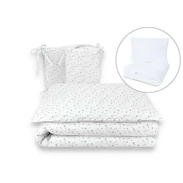 Lenjerie patut cu 5 piese, MimiNu, Pentru patut 120x60 cm, Cu pilota si perna, Din bumbac certificat Oeko Tex Standard 100, Mini Gray Stars
