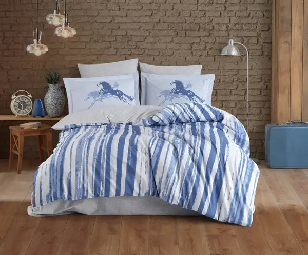 Lenjerie Poplin Cascade Albastru (Bumbac Poplin 100%) 4 piese