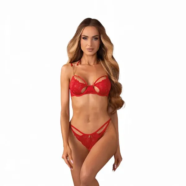 Lenjerie sexy 2 piese OBSESSIVE Matildea, sutien și chilot tanga crotchless, din dantelă, cu decupaje, culoare roșu, mărime L/XL
