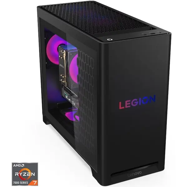 Lenovo Sistem Desktop PC Gaming, Lenovo Legion T5 30AGB10, procesor AMD Ryzen™ 7 7800X3D pana la 5.00 GHz, 48GB DDR5 RAM, 1TB SSD, NVIDIA® GeForce RTX™ 5070 12GB GDDR7, No OS, Negru
