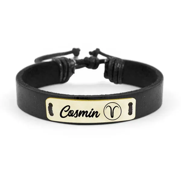 Liam - Bratara personalizata cu nume si zodie din piele si tablita din argint 925 placat cu aur galben 24 karate