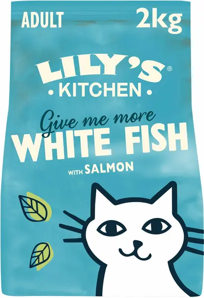 LILY'S KITCHEN Give me more, hrană uscată pentru pisici, cu Peşte alb şi Somon