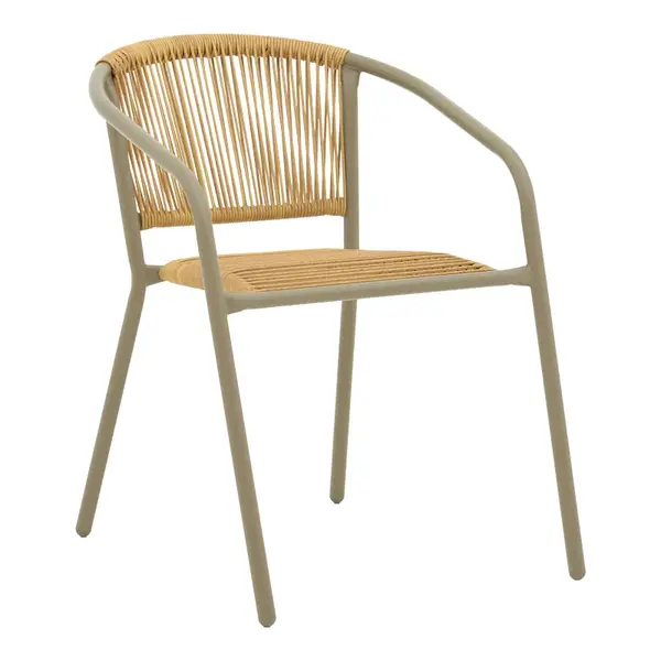 Lindaria pakoworld stackable metal armchair in champagne color and pe rattan in natural color 54x63x74cm Scaun pliabil metalic Lindaria pakoworld, stivuibil, în culoarea șampanie și ratan pe culoare naturală, 54x63x74 cm.