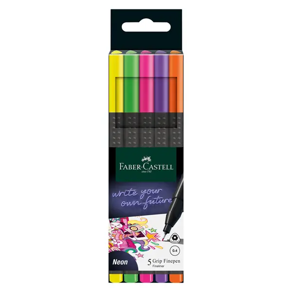 Liner 0.4mm, 5culori/set, Neon Grip Faber-Castell