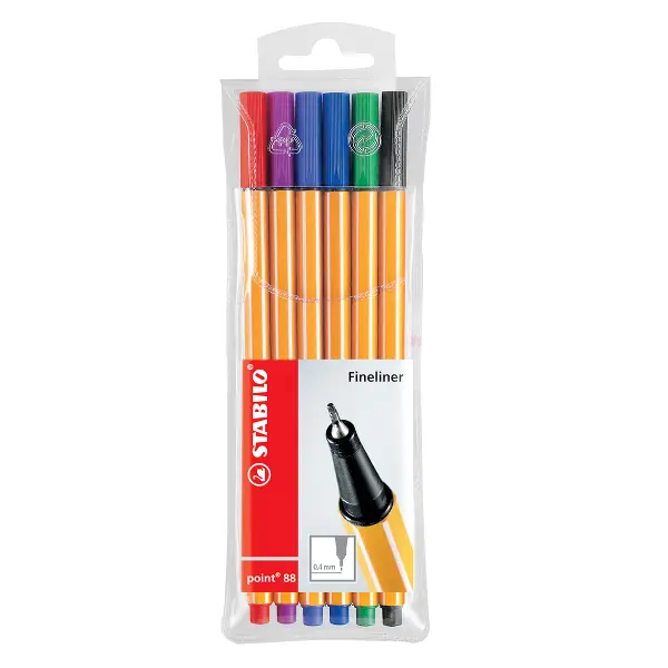 Liner 0.4mm, 6culori/set, varf fetru, Point 88 Stabilo