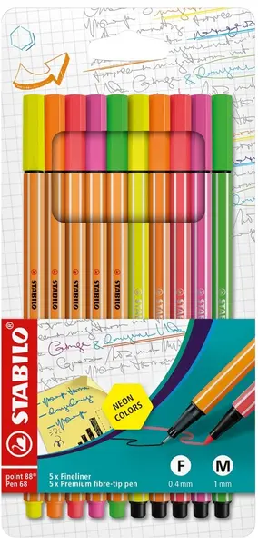 linere Stabilo Point 88 - 5 culori + 5 neoane Pen 68