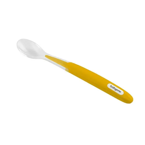Lingurita ergonomica pentru bebelusi, Babyono, Sigura, Fara BPA, Ideala pentru invatarea alimentatiei independente si gingiile sensibile ale bebelusilor, 6 luni+, Galben