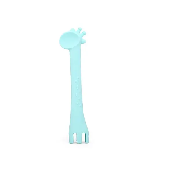 Lingurita si furculita 2 in 1 din silicon moale KikkaBoo Giraffe Mint multifunctionala