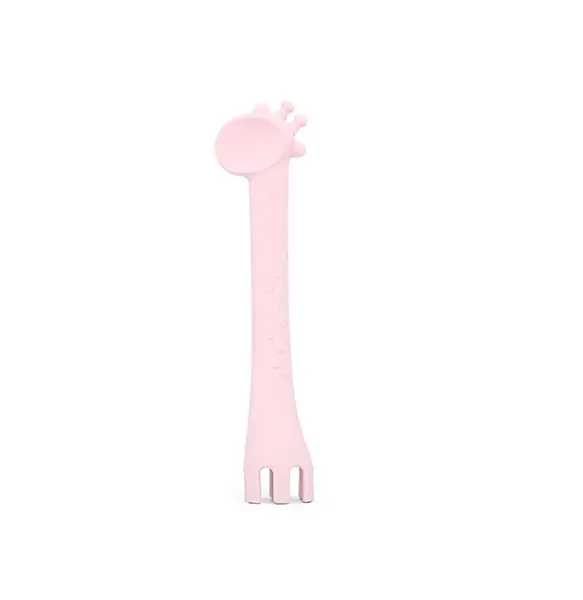 Lingurita si furculita 2 in 1 din silicon moale KikkaBoo Giraffe Pink multifunctionala