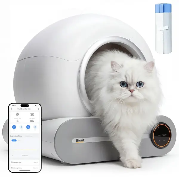 Litiera Automata iHunt Smart Cat Litter V1, Wi-Fi, Control prin Aplicatie, Auto Curatare, Sterilizare UV si Ioni Negativi, Recipient 9L, Alb