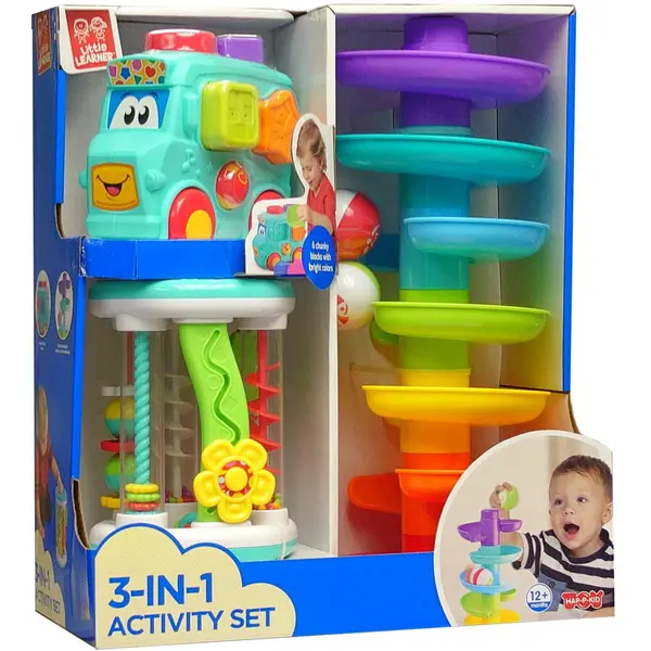 Little Learner Jucarie Educativa Little Learner Set 3 in 1 - Autobuz cu sortator, cilindru & turnulet cu bile, dezvoltare abilitati, 12 luni+