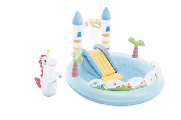 Loc de joaca acvatic gonflabil pentru copii Unicorn Castle, cu tobogan integrat, capacitate 234 L, dimensiune 196 x 178 x 127 cm